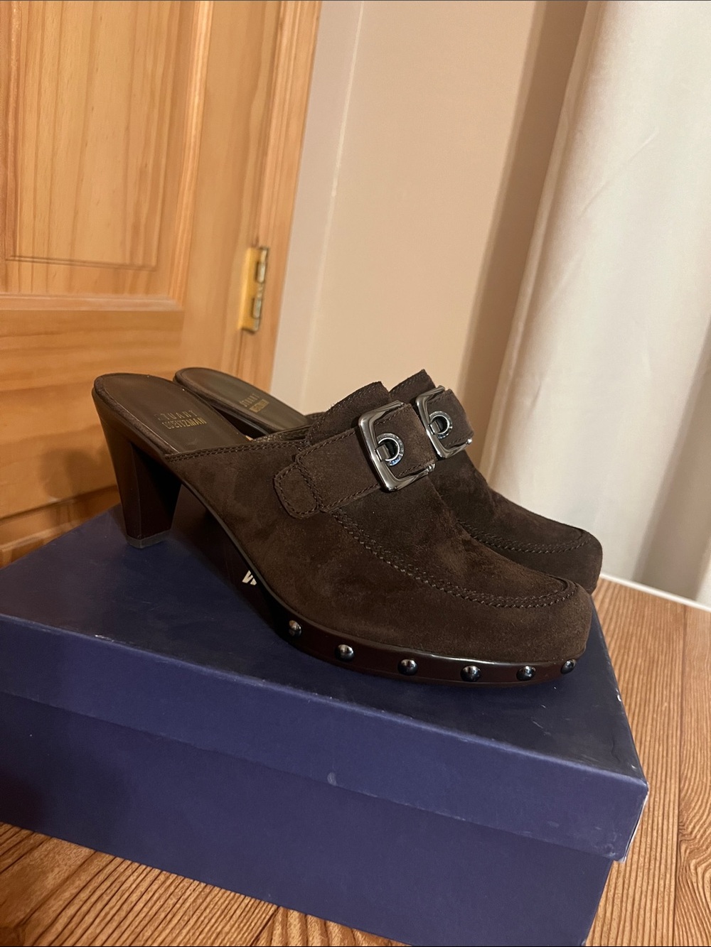 Stuart Weitzman Double Agent Dark Brown Suede Studded Heeled Mules